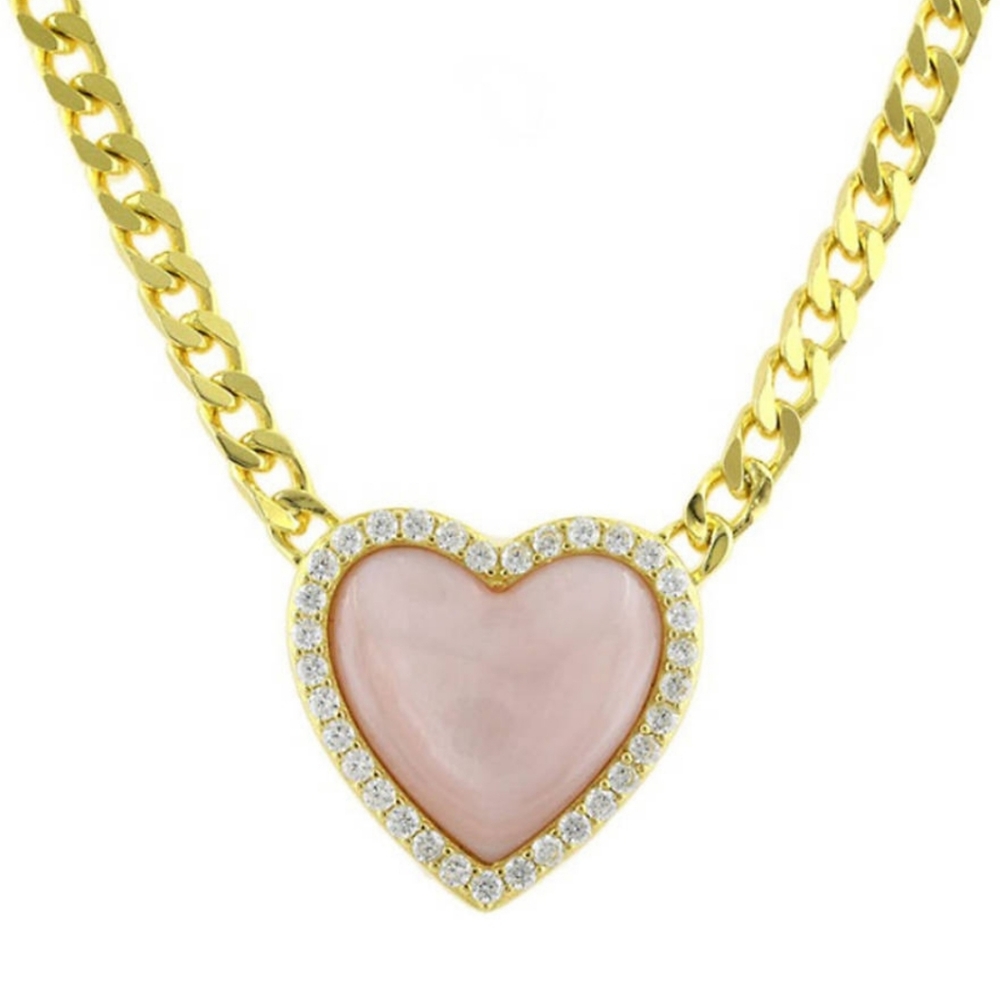 Pink mother of pearl and white topaz heart necklace in sterling silver